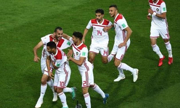 Soccer Football - World Cup - Group B - Spain vs Morocco - Kaliningrad Stadium, Kaliningrad, Russia - June 25, 2018 Morocco's Khalid Boutaib celebrates with team mates after scoring their first goal REUTERS/Mariana Bazo
