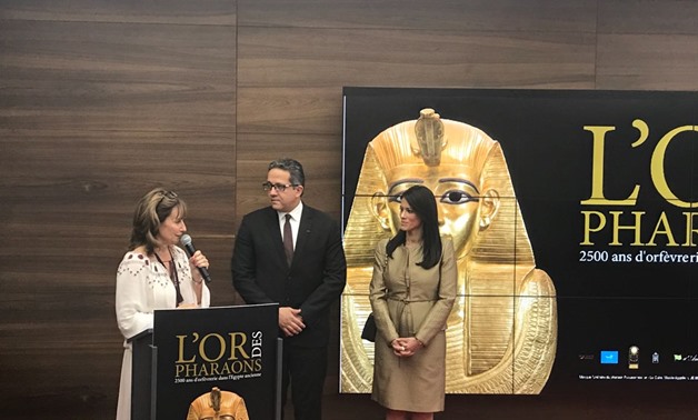 General Manager of Grimaldi Forum Sylvie Biancheri with Minister of Antiquities Khaled Anany and the Minister of Tourism Rania Al-Mashat during a press Conference, July 6 2018 - Egypt Today/Khaled Salah