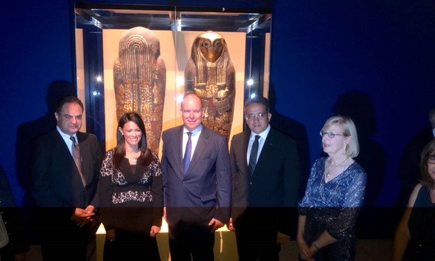 Prince Albert II with Minister of Antiquities Khaled Anany and the Minister of Tourism Rania Al-Mashat during the inauguration of The Gold of the Pharaohs exhibition, July 6 2018 - Egypt Today/Khaled Salah