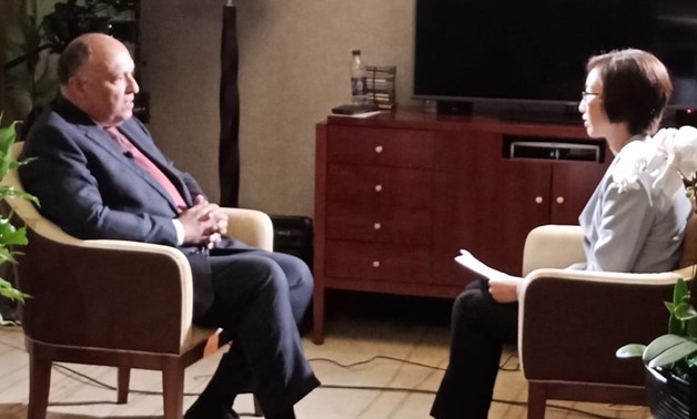Egypt's Foreign Minister Sameh Shoukry during an interview with Chinese Arabic-speaking satellite channel CGTN - Screen Shot 