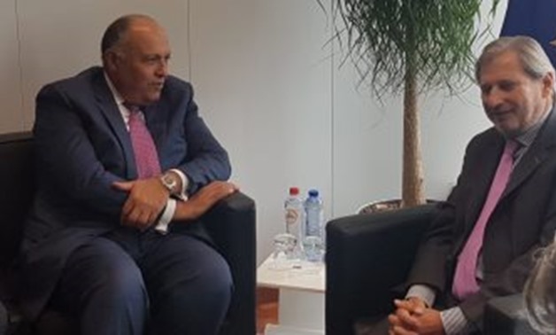 FILE - Egypt’s Foreign Minister Sameh Shoukry holds a meeting with Johannes Hahn of the European Neighborhood Policy & Enlargement Negotiations on Wednesday in Brussels mainly on Cairo’s efforts to combat illegal migration 