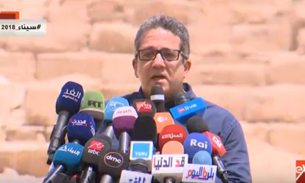 Minister of Antiquities Khaled Anany announced the discovery of more than five stone coffins at Saqqara area, and declared it “a great archaeological discovery” - TV Screenshot