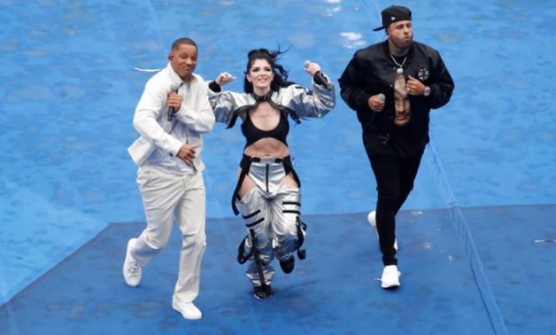 Soccer Football - World Cup - Final - France v Croatia - Luzhniki Stadium, Moscow, Russia - July 15, 2018 Will Smith, Era Istrefi and Nicky Jam during the closing ceremony before the match REUTERS/Christian Hartmann.