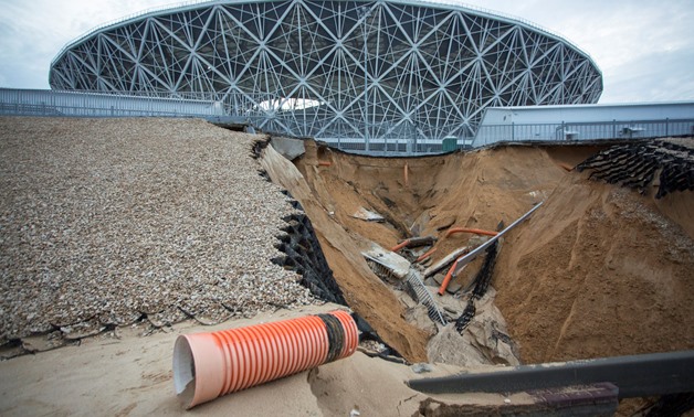 A view shows a landslide, caused by heavy rain, near the Volgograd Arena in Volgograd, a host city for the soccer World Cup, Russia July 15, 2018. Picture taken July 15, 2018. REUTERS/Stringer

