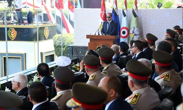 President Abdel Fatah al-Sisi addresses the attendees at the graduation ceremony of military academies - Press Photo/Courtesy by The Presidency