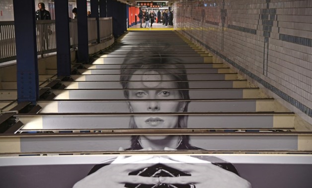 A David Bowie art installation is seen at the Broadway-Lafayette subway station on April 19, 2018 in New York City.