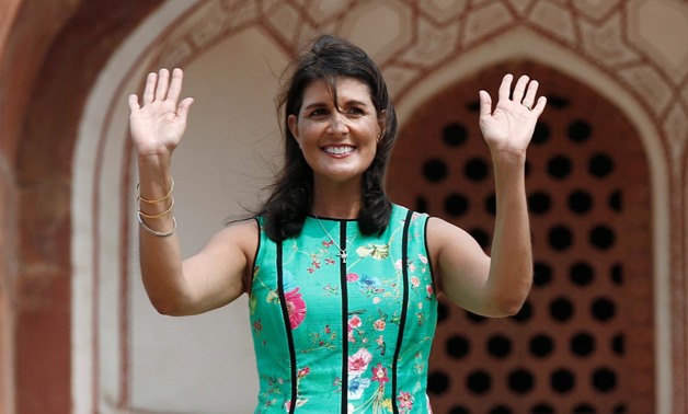 U.S. Ambassador to the United Nations Nikki Haley gestures as she stands in front of Humayun's Tomb in New Delhi, India, June 27, 2018. REUTERS/Adnan Abidi

