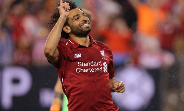 Jul 25, 2018; East Rutherford, NJ, USA; Liverpool forward Mohamed Salah (11) celebrates his goal against Manchester City during the second half of an International Champions Cup soccer match at MetLife Stadium. Mandatory Credit: Brad Penner-USA TODAY Spor