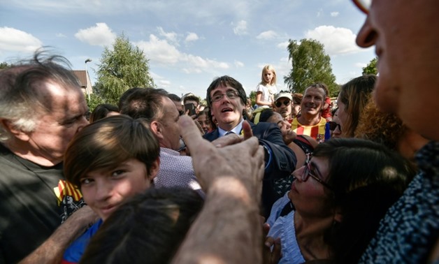 Catalonia's ousted president Carles Puigdemont (C) salutes supporters during a ceremony in Waterloo, south of Brussels, on Saturday
