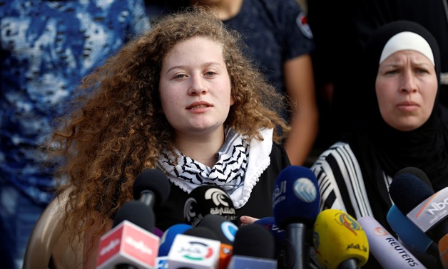 Palestinian teenager Ahed Tamimi speaks during a news conference after she was released from an Israeli prison, in Nabi Saleh village in the occupied West Bank July 29, 2018. REUTERS/Mohamad Torokman