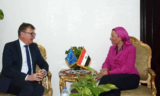 Minister of Environment Yasmine Fouad held talks on Tuesday with head of the European Union (EU) delegation to Egypt Ivan Surkos – Courtesy of the Ministry of Environment