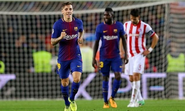 Camp Nou, Barcelona, Spain - October 18, 2017 Barcelona's Lucas Digne celebrates scoring their third goal REUTERS/Ivan Alvarado/Files