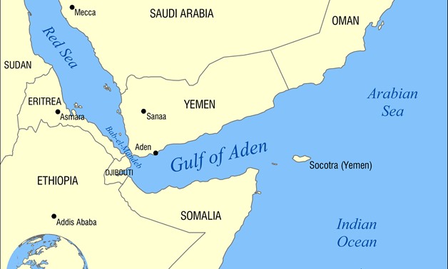 Map showing the location of the Gulf of Aden, located between Yemen and Somalia. Nearby bodies of water include the Indian Ocean, Red Sea, Arabian Sea, and the Bab-el-Mandeb Strait - Wikimedia Commons/NormanEinstein