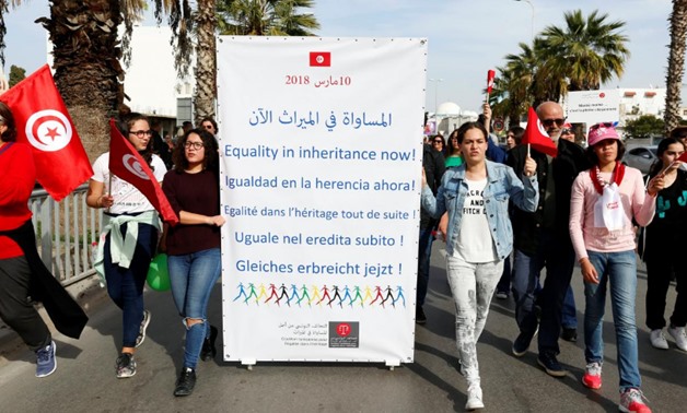 Protesters shout slogans during a march, demanding equal inheritance rights for women, in Tunis, Tunisia March 10, 2018. REUTERS/Zoubeir Souissi
