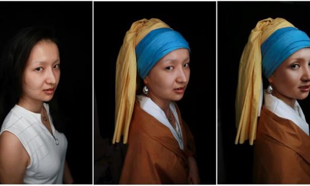 A combination picture shows makeup artist He Yuhong, also known as "Yuya", posing without her makeup and garments (L), and without her makeup (C) following her transformation (R) into the "Girl with a Pearl Earring", the 17th century oil painting by Dutch