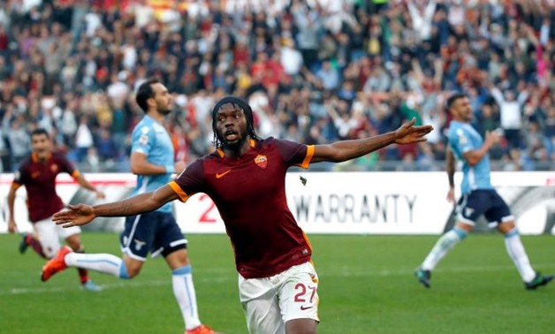 AS Roma's Gervinho celebrates after scoring against Lazio's during their Serie A soccer match at Olympic stadium in Rome, Italy, November 8, 2015. REUTERS/Alessandro Bianchi
