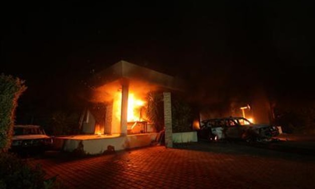 The U.S. Consulate in Benghazi is seen in flames during a protest by an armed group said to have been protesting a film being produced in the United States September 11, 2012. REUTERS/Esam Al-Fetori
