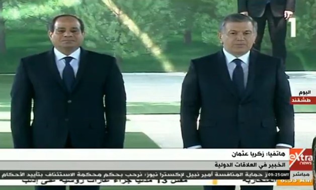 Egyptian President Abdel Fatah al-Sisi with his Uzbek counterpart Shavkat Mirziyoyev in Uzbekistan - Screen shot from Channel 1 