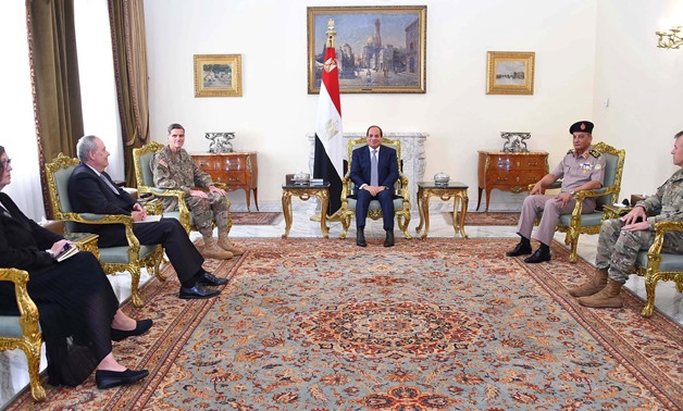 President Abdel Fatah al-Sisi (C) meeting with the Commander of United States Central Command, Joseph L. Votel (L) on September 8, 2018 - Press photo/Presidency