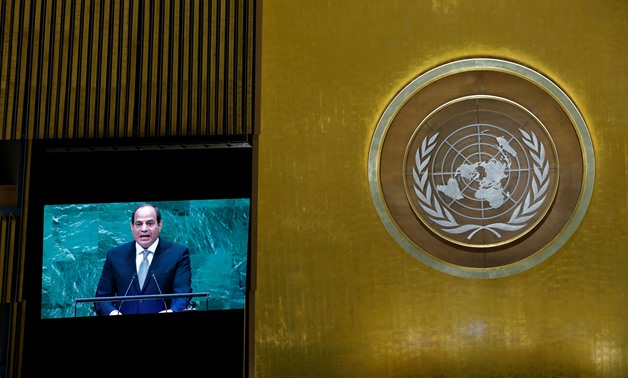 Egypt's President Abdel Fattah al-Sisi is seen on a screen as he addresses the 73rd session of the United Nations General Assembly at U.N. headquarters in New York, U.S., September 25, 2018. REUTERS/Eduardo Munoz
