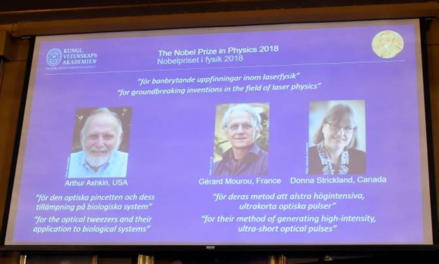 The Nobel Prize laureates for physics 2018 Arthur Ashkin of the United States, Gerard Mourou of France and Donna Strickland of Canada are announced at the Royal Swedish Academy of Sciences in Stockholm, Sweden, October 2, 2018. Hanna Franzen/TT News Agenc