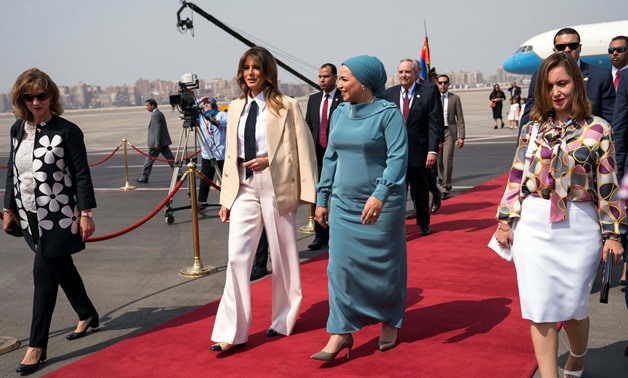
 Egyptian First Lady Enitssar Amer received Melania Trump, wife of the US President Donald Trump, at Cairo International Airport on Saturday - File Photo 