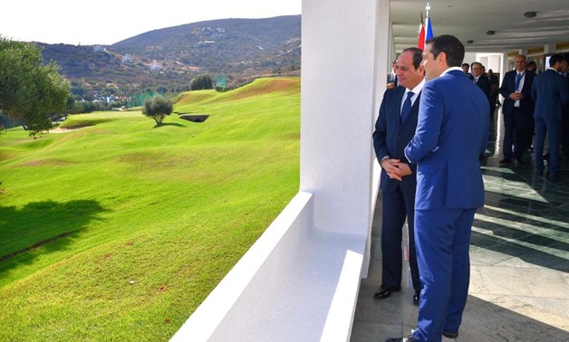 President Abdel Fatah al-Sisi with Greek Prime Minister Alexis Tsipra in Crete, Greece - Press Photo