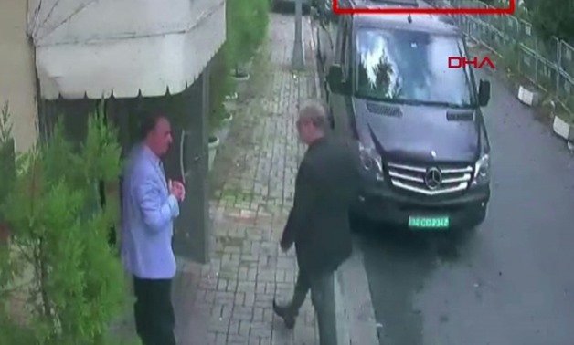 Saudi journalist Jamal Khashoggi (R) arriving at the Saudi consulate in Istanbul on October is seen on a video grab from CCTV footage obtained from Turkish news agency DHA
