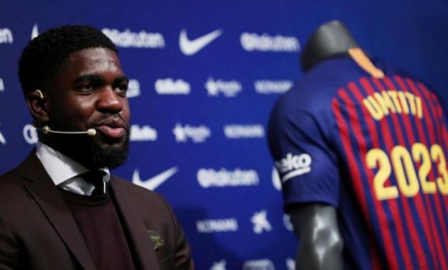 FILE PHOTO: Soccer Football - Samuel Umtiti signs a renewal contract with FC Barcelona - Camp Nou, Barcelona, Spain - June 4, 2018 Barcelona's Samuel Umtiti REUTERS/Albert Gea/File Photo
