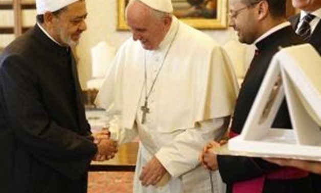 Grand Imam of Al-Azhar Al-Sharif and Chairman of the Muslim Council of Elders Prof. Ahmed El-Tayeb with  Pope Francis at the Vatican - photo from Al-Azhar official page 