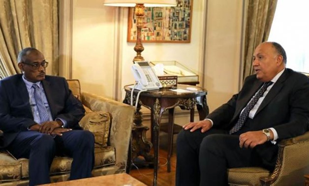 FILE - Egyptian Foreign Minister Sameh Shoukry (R) and his Sudanese counterpart Al-Dirdiri Mohamed Ahmed (L)
