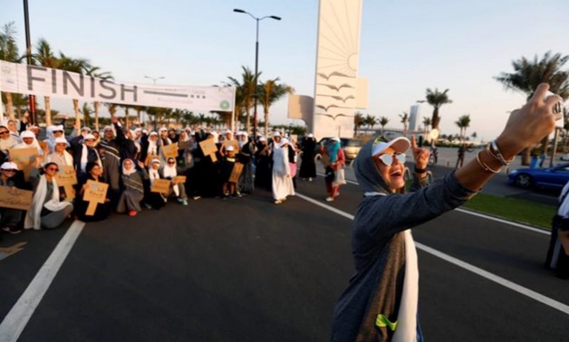 Saudi woman Halal al-Dakheel takes a selfie during a running event marking International Women's Day in Jeddah, Saudi Arabia March 8, 2018. REUTERS/Faisal Al Nasser