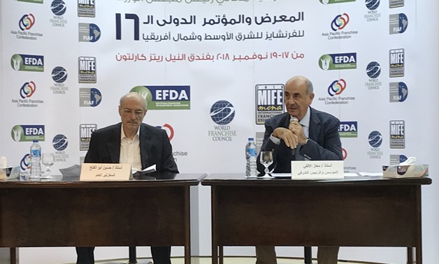 Honorary Chair of the Egyptian Franchise Development Association (EFDA) Moataz Al Alfy (r) and EFDA Secretary General Hussein Abou El Fath (l) in press conference. October 31, 2018. Egypt Today/Noha El Tawil 