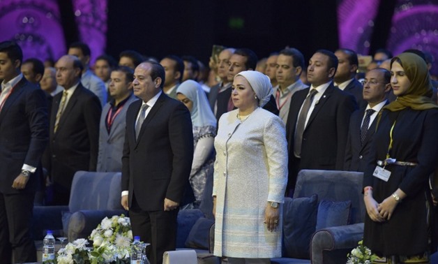 President Abdel-Fatah Al-Sisi called on the audience at the opening of the World Youth Forum's Theater, to stand up for a minute as an expression of grief for the attack's victims – Courtesy of President Sisi's Twitter Account