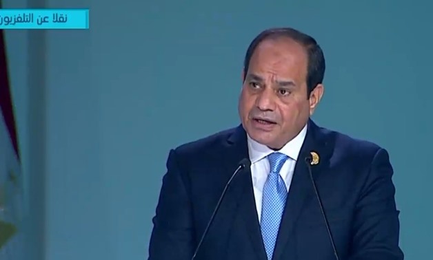 President Abdel Fatah al-Sisi delivering a speech in the closing session of the 2018 World Youth Forum (WYF) in Sharm El Sheikh. November 6, 2018. TV screenshot
