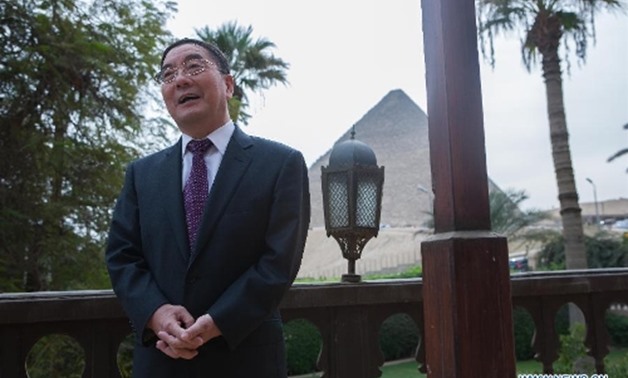Chinese Ambassador to Egypt Song Aiguo speaks during an interview about the 70th anniversary of the Cairo Declaration in Cairo, capital of Egypt, on Nov.
