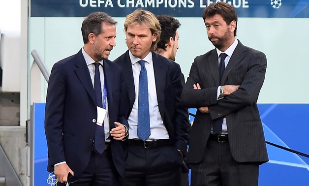 FILE PHOTO: Soccer Football - Champions League - Group Stage - Group H - Juventus v BSC Young Boys - Allianz Stadium, Turin, Italy - October 2, 2018 Juventus sporting director Fabio Paratici, director Pavel Nedved and president Andrea Agnelli inside the s