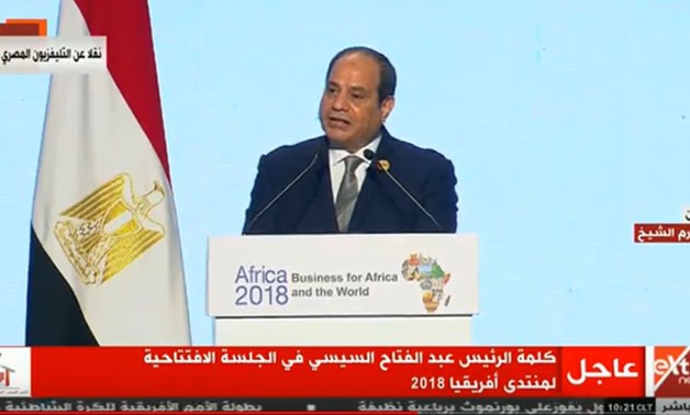 President Abdel Fatah al-Sisi on Sunday witnessed the official inauguration of the third edition of Africa 2018 Forum - screen shot from Extra News channel 