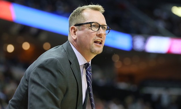 Nov 27, 2018; Memphis, TN, USA; Toronto Raptors head coach Nick Nurse reacts to a call in the first half of the game against the Memphis Grizzlies at FedExForum. Mandatory Credit: Nelson Chenault-USA TODAY Sports

