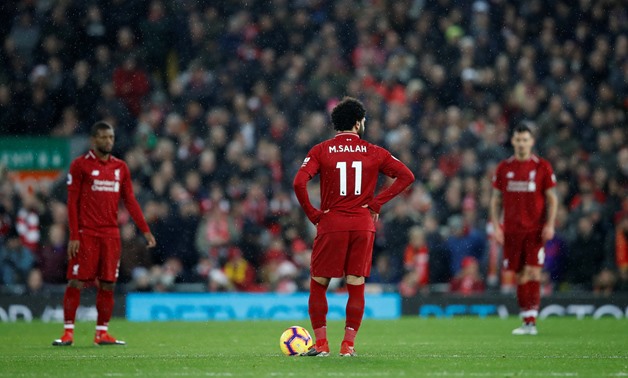 Soccer Football - Premier League - Liverpool v Manchester United - Anfield, Liverpool, Britain - December 16, 2018 Liverpool's Mohamed Salah looks on before restarting the match after Manchester United's Jesse Lingard (not pictured) scores their first goa