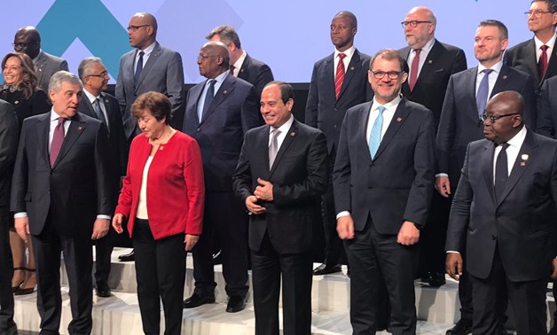 President Abdel Fatah al-Sisi posing for a group photo prior to the opening of the High-Level Forum Africa-Europe in Vienna, Austria. December 18, 2018. Press Photo