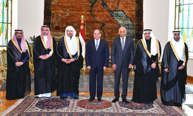 President Abdel Fatah al Sisi during meeting with Speaker of the Saudi Shura Council Abdullah bin Mohammed bin Ibrahim Al al Sheikh and his accompanying delegation - Press Photo 