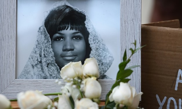 A photograph of American soul legend Aretha Franklin displayed after her death in August 2018, aged 76.