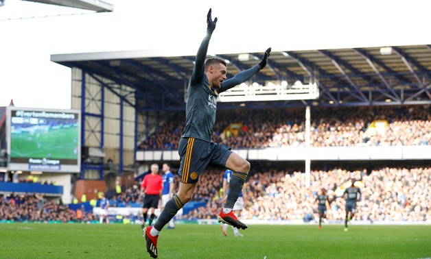 Soccer Football - Premier League - Everton v Leicester City - Goodison Park, Liverpool, Britain - January 1, 2019 Leicester City's Jamie Vardy celebrates scoring their first goal REUTERS/Phil Noble