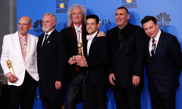 76th Golden Globe Awards - Photo Room - Beverly Hills, California, U.S., January 6, 2019 (L-R) Jim Beach, Roger Taylor, Brian May, Rami Malek with his Best Performance by an Actor in a Motion Picture - Drama, Graham King and Mike Meyers pose backstage wit