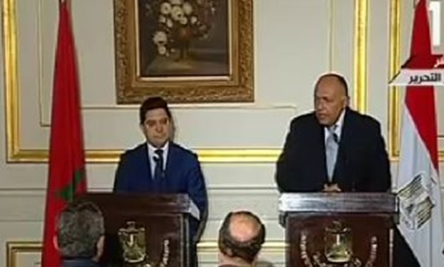 Egyptian Foreign Minister Sameh Shokry and his Moroccan counterpart Nasser Borita in a joint press conference in Cairo on January 8, 2019 - TV screenshot 

