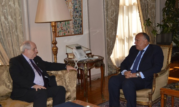Foreign Minister Sameh Shokry and Greek Deputy Foreign Minister Terence Quick in a meeting in Cairo on January 12, 2019. Press Photo 
