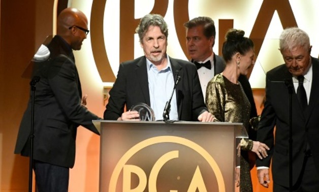 Producer Peter Farrelly (2nd from L) accepts The Darryl F. Zanuck Award for Outstanding Producer of Theatrical Motion Pictures for 'Green Book' at the Producers Guild Awards Producer Peter Farrelly (2nd from L) accepts The Darryl F. Zanuck Award for Outst
