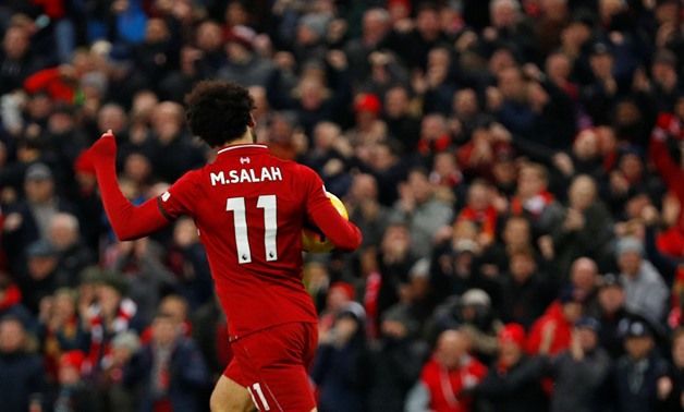 Soccer Football - Premier League - Liverpool v Crystal Palace - Anfield, Liverpool, Britain - January 19, 2019 Liverpool's Mohamed Salah celebrates scoring their first goal REUTERS/Phil Noble EDITORIAL USE ONLY. No use with unauthorized audio, video, data