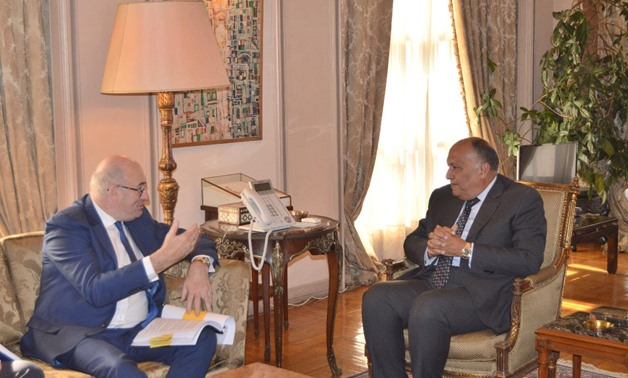 Egyptian Minister of Foreign Affairs Sameh Shoukry (R) met with Phil Hogan (L), the Commissioner for Agriculture and Rural Development, on Monday in Cairo- Press photo